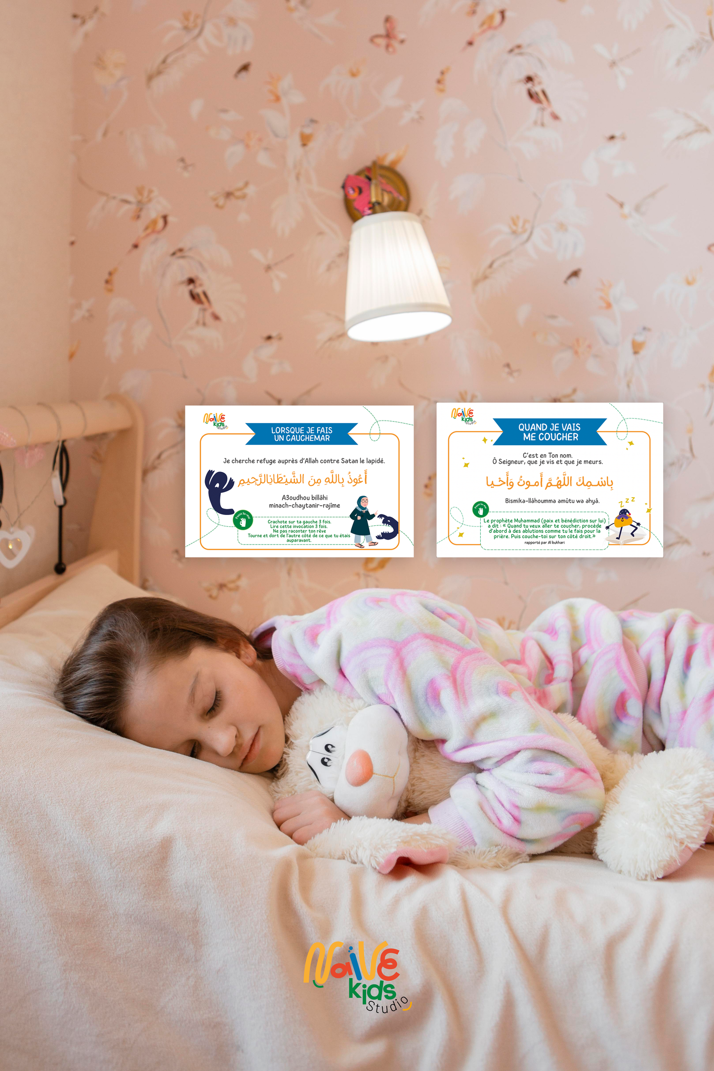 petite fille musulmane qui dort avec des cartes d'invocations du soir à imprimer 