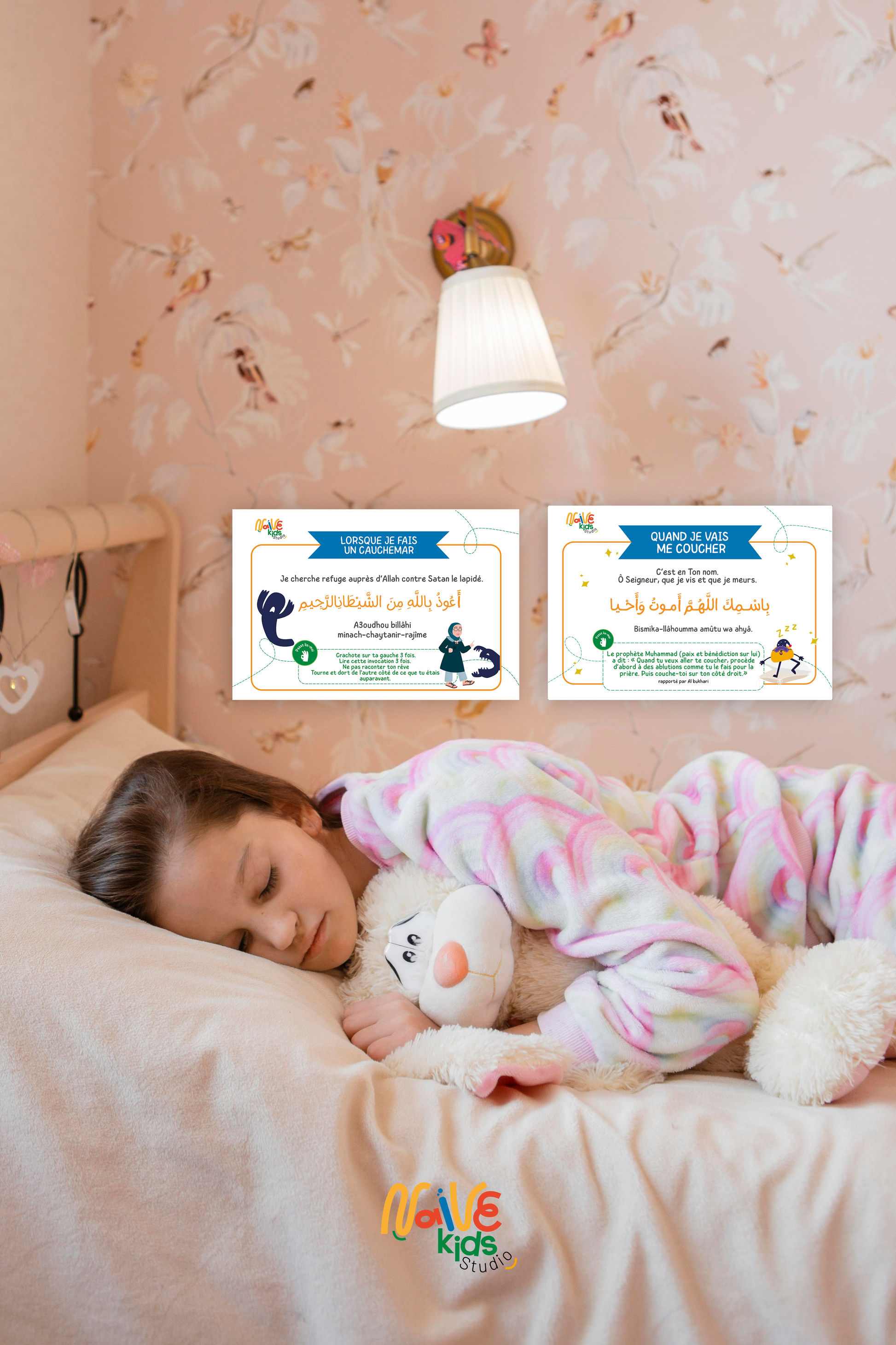 petite fille musulmane qui dort avec des cartes d'invocations du soir à imprimer 